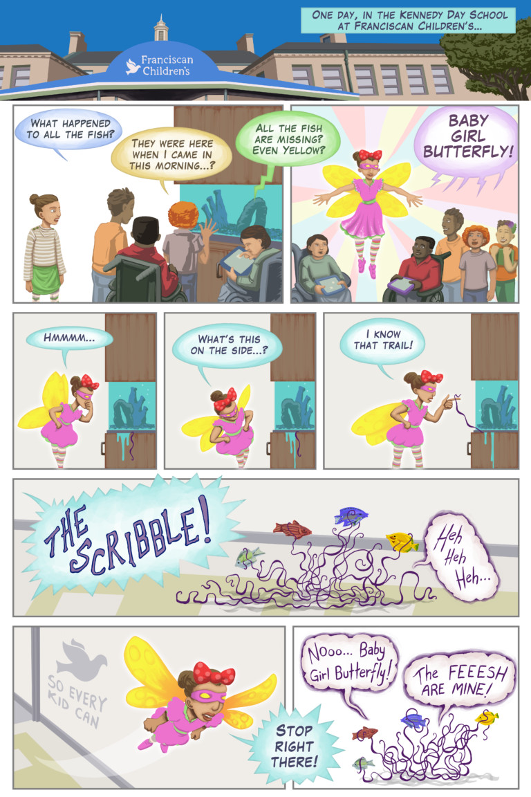 a comic book panels about baby girl butterfly