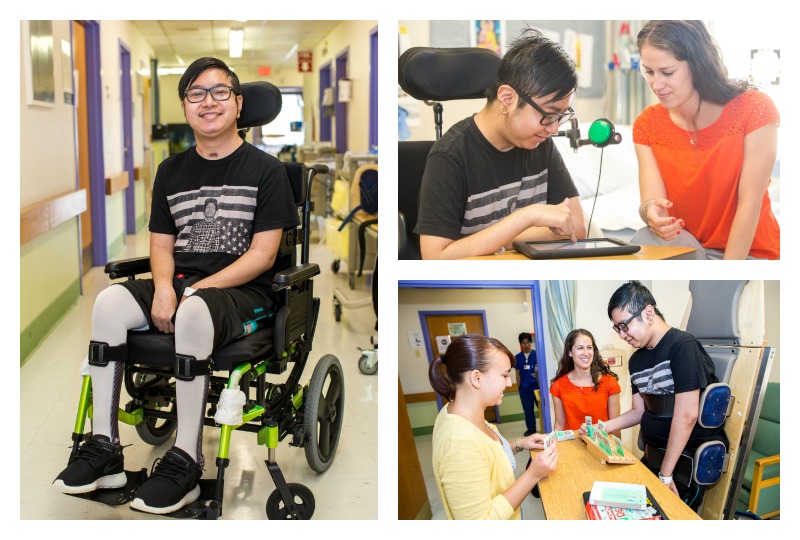 a collage of a teenage boy in a wheelchair